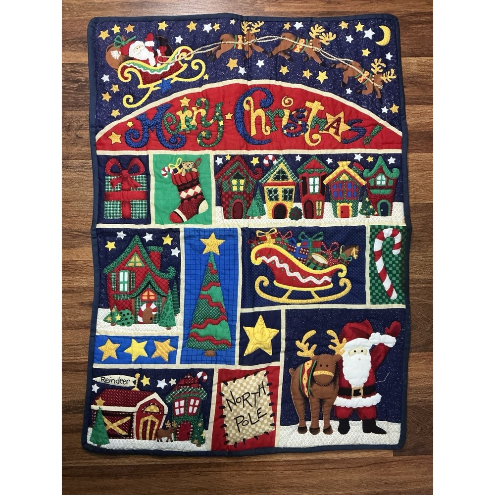 HAND STITCHED Festive Colorful Wall Quilt MERRY CHRISTMAS 33in X 24in